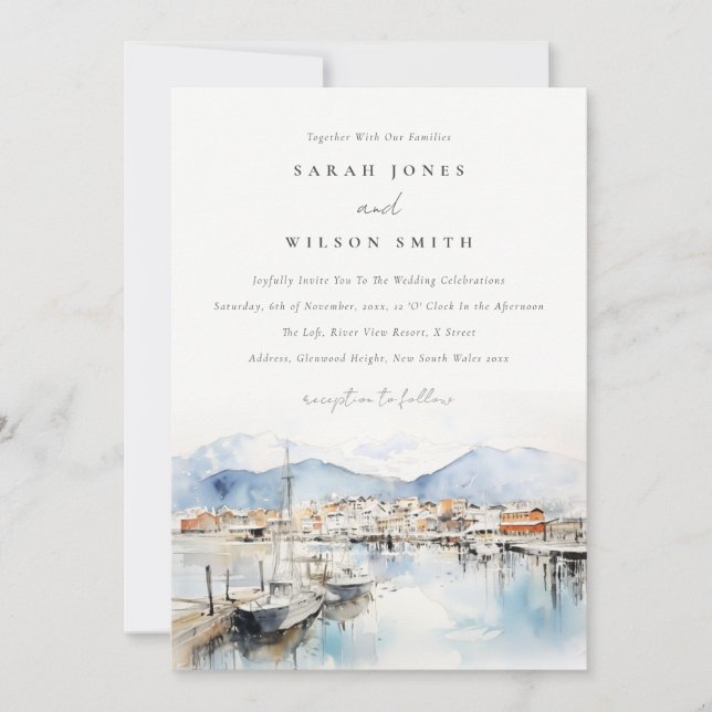 Invitación Ushuaia, Argentina Watercolor Landscape Wedding (Anverso)