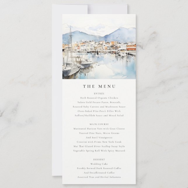 Invitación Ushuaia, Argentina Watercolor Scape Wedding Menu (Anverso)