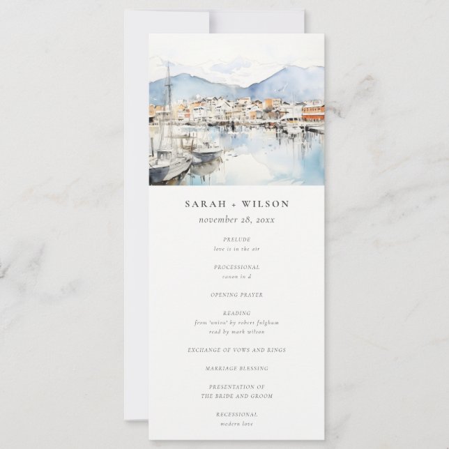 Invitación Ushuaia, Argentina Watercolor Scape Wedding Menu (Anverso)