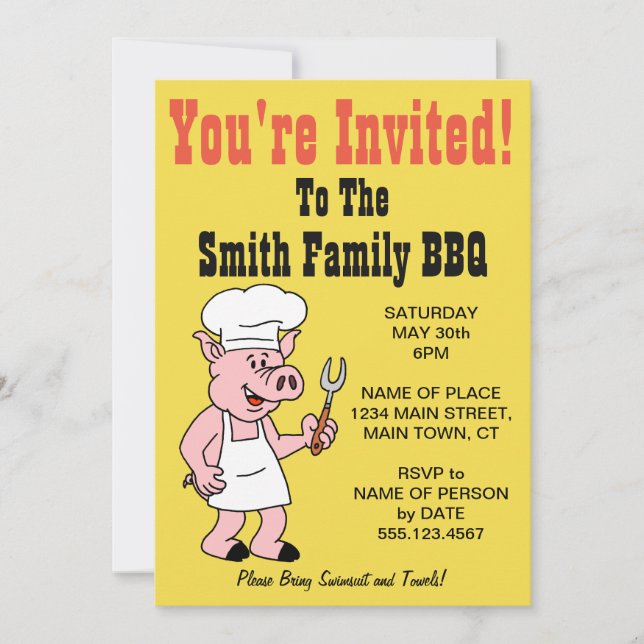 Invitación Usted es dibujo animado invitado del cerdo del Bbq (Anverso)