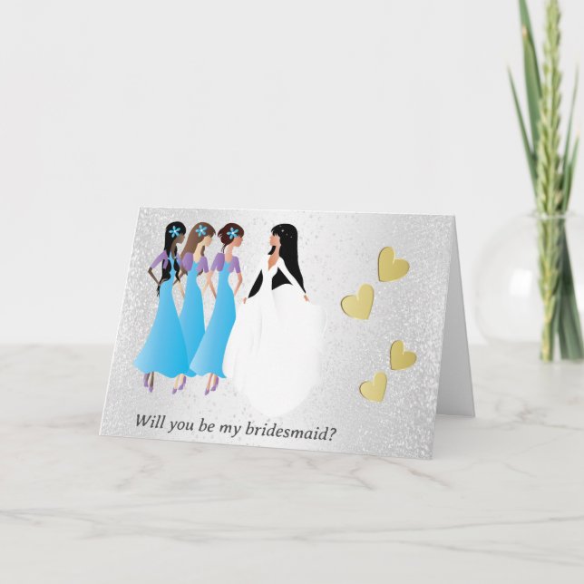 Invitación Usted será mi dama de honor en azul y púrpura (Anverso)