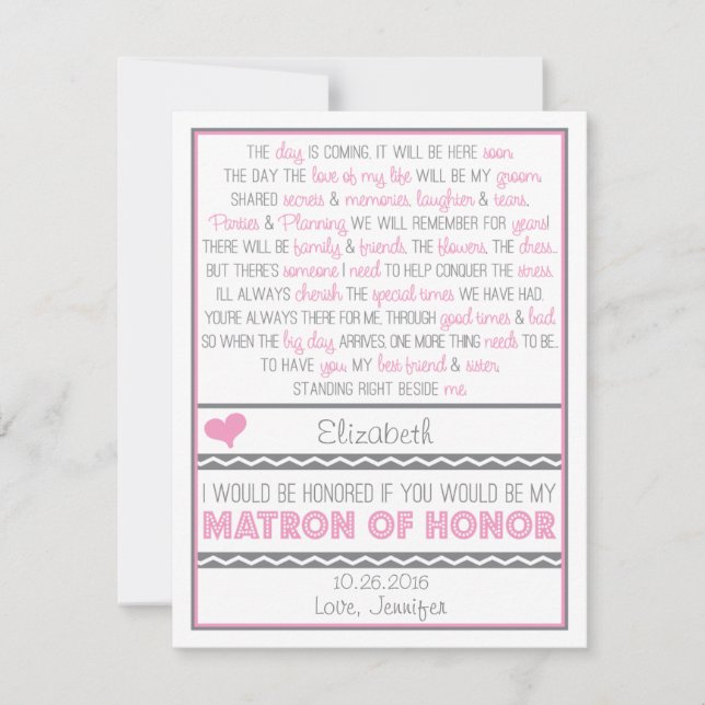 Invitación ¿Usted será mi matrona del honor? Poema (Anverso)