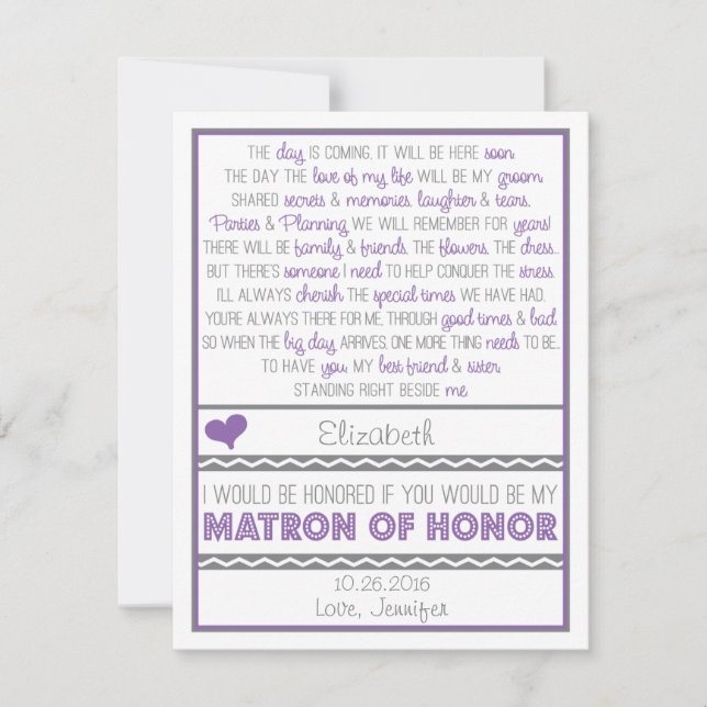 Invitación ¿Usted será mi matrona del honor? Poema (Anverso)