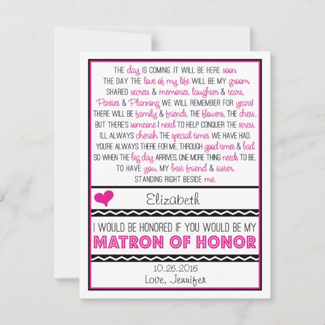 Invitación ¿Usted será mi matrona del honor? Poema (Anverso)