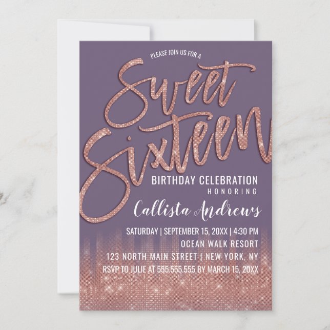 Invitación Uva Morado Rosa Oro Purpurina Typografía Dulce 16 (Anverso)