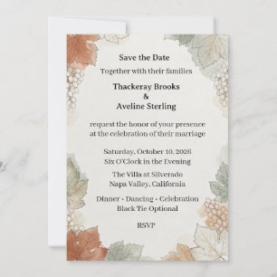 Invitación Uvas acuarela, hojas de otoño, línea botánica A