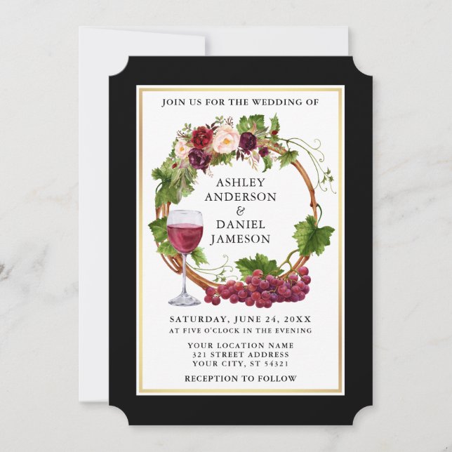 Invitación Uvas acuarelas Florales Wreath Black Gold Boda (Anverso)