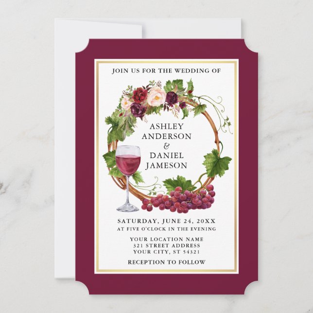 Invitación Uvas acuarelas florales Wreath Burgung Boda (Anverso)