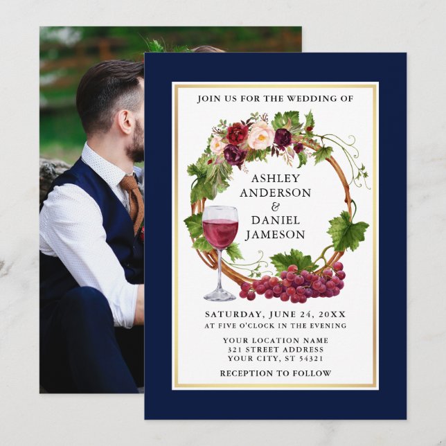 Invitación Uvas acuarelas Florales Wreath Photo Blue Boda (Anverso / Reverso)