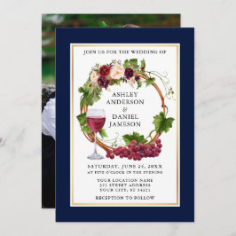 Invitación Uvas acuarelas Florales Wreath Photo Blue Boda