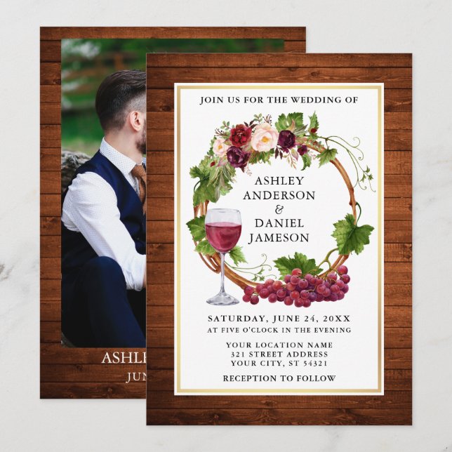 Invitación Uvas acuarelas Florales Wreath Photo Wood Boda (Anverso / Reverso)