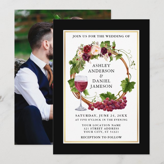 Invitación Uvas acuáticas florales Wreath Black Gold Photo (Anverso / Reverso)