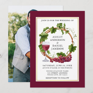Invitación Uvas de color de agua Wreath Photo Burgundy Boda