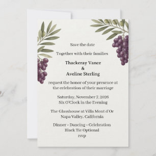 Invitación Uvas Moradas, Ramas de Olivo, Follaje de Acuarela,
