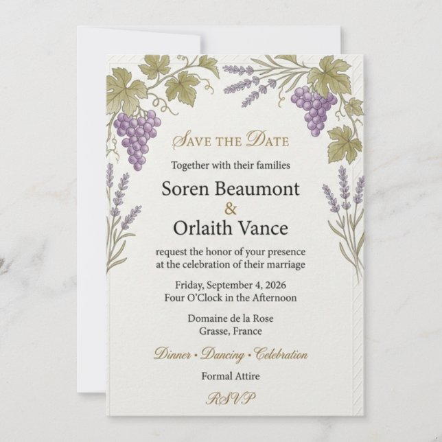 Invitación Uvas Moradas, Ramilletes de Lavanda, Franja Diagon (Anverso)