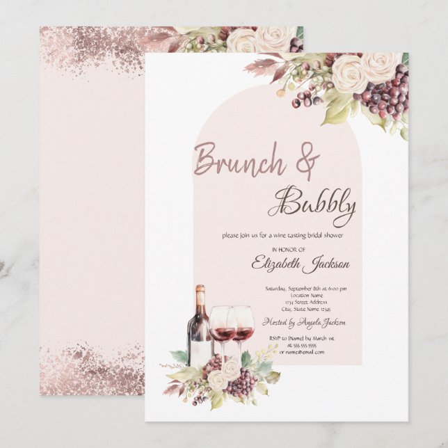 Invitación Uvas para Vino  Flores Boho Brunch y Burbujas (Anverso / Reverso)