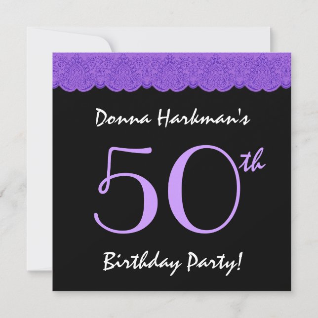 Invitación V584A, 50 cumpleaños, morado y negro (Anverso)