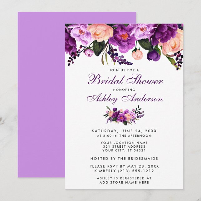 Invitación V a ducha de novia con flores moradas u (Anverso / Reverso)