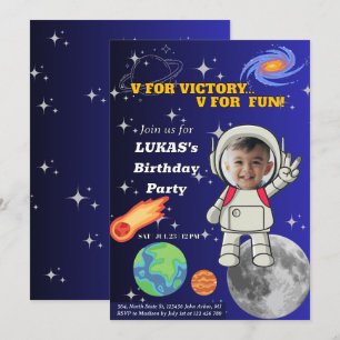 Invitación V de victoria V de diversión Chico astronauta Cump