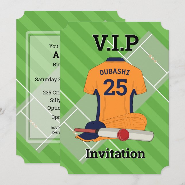 Invitación V.I.P Cricket (naranja) Fiesta de cumpleaños (Anverso / Reverso)