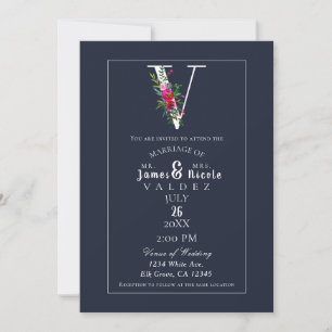 Invitación V Monograma Última Inicial Moderno Azul Floral Bod