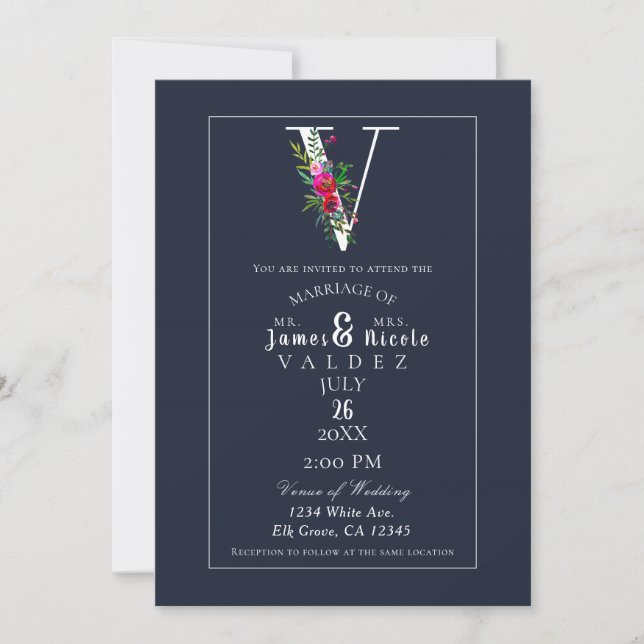 Invitación V Monograma Último Boda floral azul moderno inicia (Anverso)