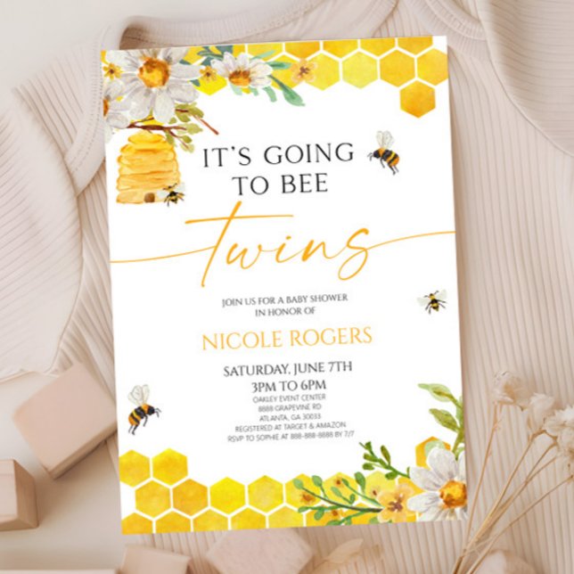 Invitación Va a ser Bee Twins Beehive Floral Baby Shower (Subido por el creador)