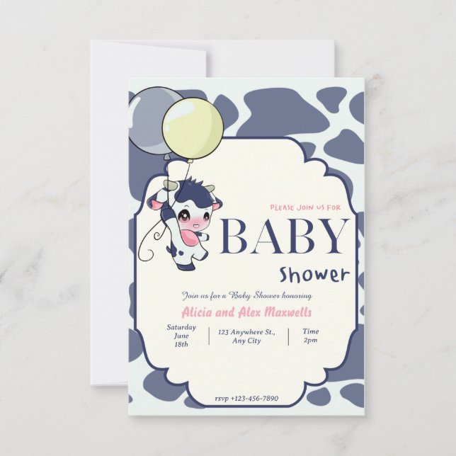 Invitación Vaca amarilla azul oscura con ducha de bebé globo (Anverso)