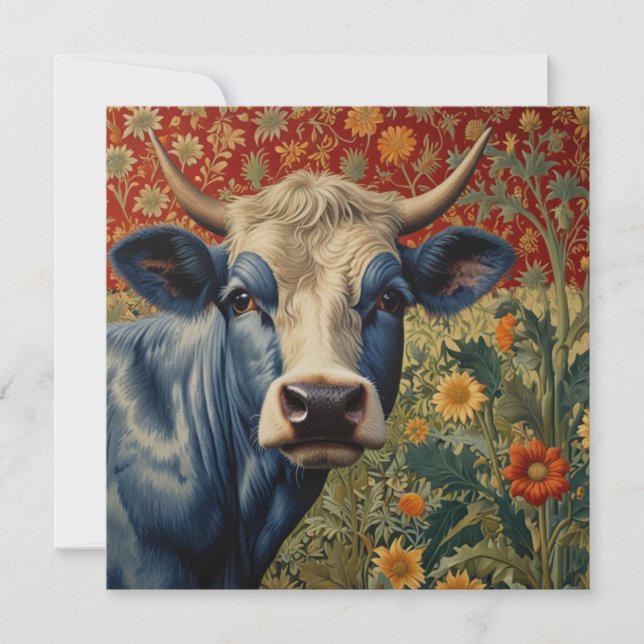 Invitación Vaca azul retro en el jardín de girasoles (Anverso)