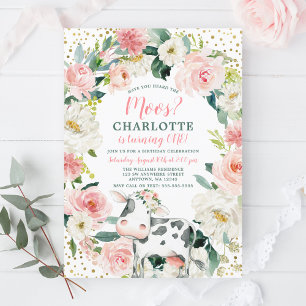 Invitación Vaca Chica Floral de Oro Rosa Primer cumpleaños