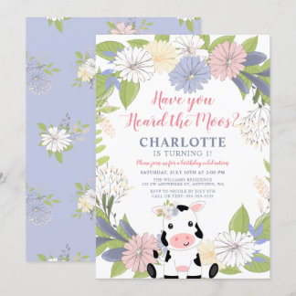 Invitación Vaca Chica Floral Wreath primer cumpleaños