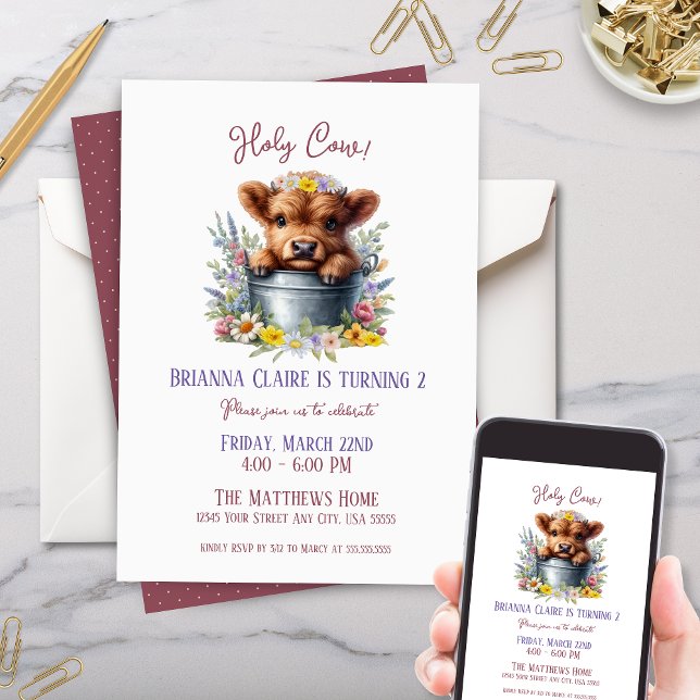 Invitación Vaca cuta de Highland con flores silvestres cumple (Cute wildflower highland cow theme kids baby birthday party invitation for country floral party)