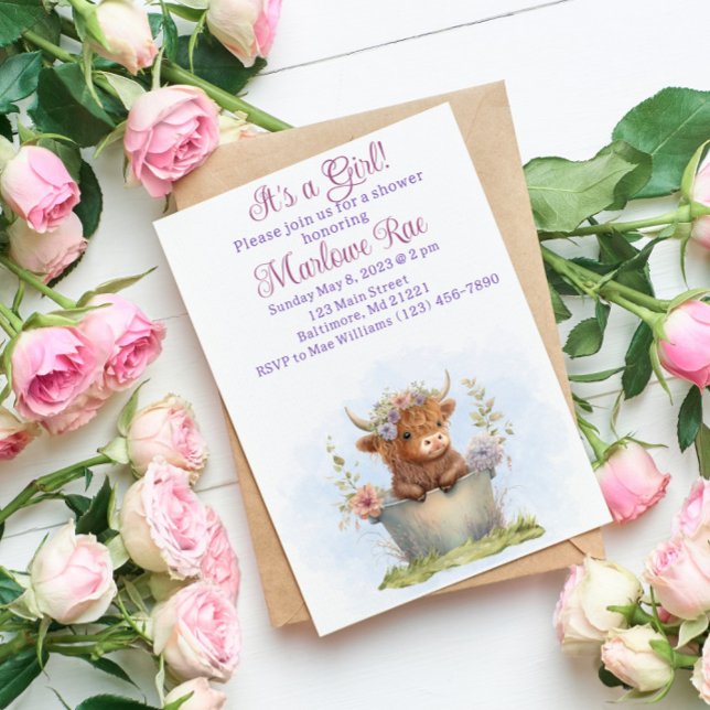 Invitación Vaca de montaña púrpura, rosa, acuarela floral beb (Subido por el creador)
