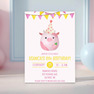 Invitación Vaca de peluche rosa y amarilla, fiesta de cumplea