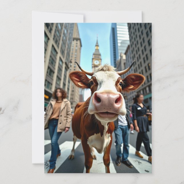 Invitación Vaca Divertida Selfie en una Calle Transitada de l (Anverso)