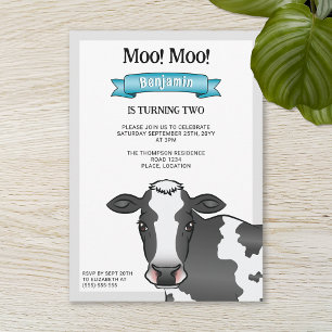 Invitación Vaca en blanco y negro con cumpleaños de granja en