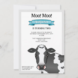 Invitación Vaca en blanco y negro con granja de corral azul d