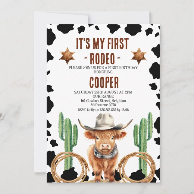 Invitación Vaca en Highland mi primer rodeo primer cumpleaños (Anverso)