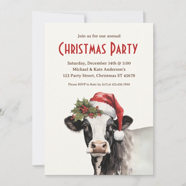 Invitación Vaca en Santa Hat Farm Animal Dairy Navidad Fiesta (Anverso)