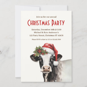 Invitación Vaca en Santa Hat Farm Animal Dairy Navidad Fiesta