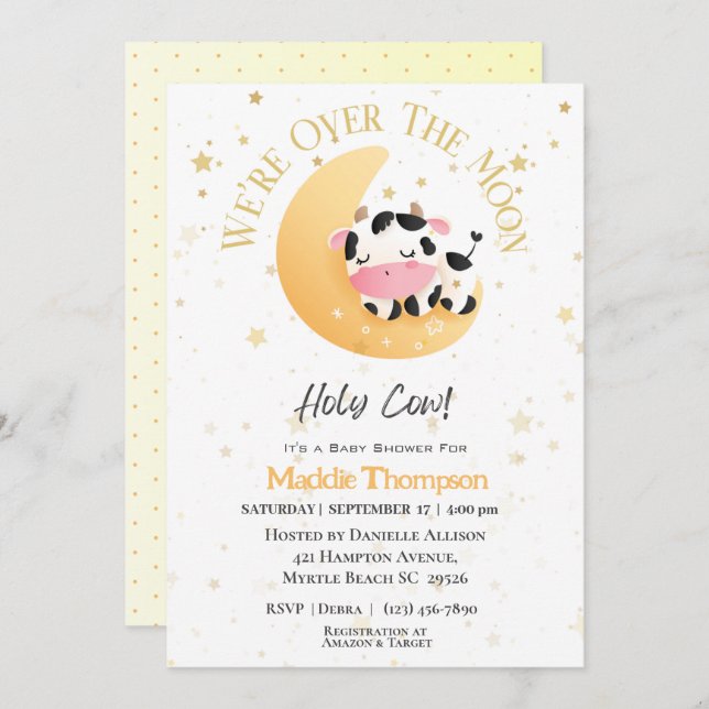 Invitación Vaca estamos sobre el Baby Shower amarillo lunar (Anverso / Reverso)