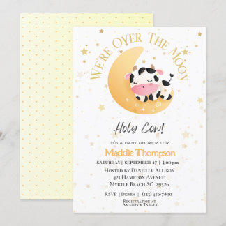 Invitación Vaca estamos sobre el Baby Shower amarillo lunar