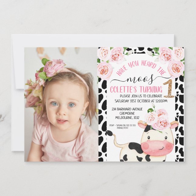 Invitación Vaca Ha Oído La Foto De Moos Primer Cumpleaños (Anverso)