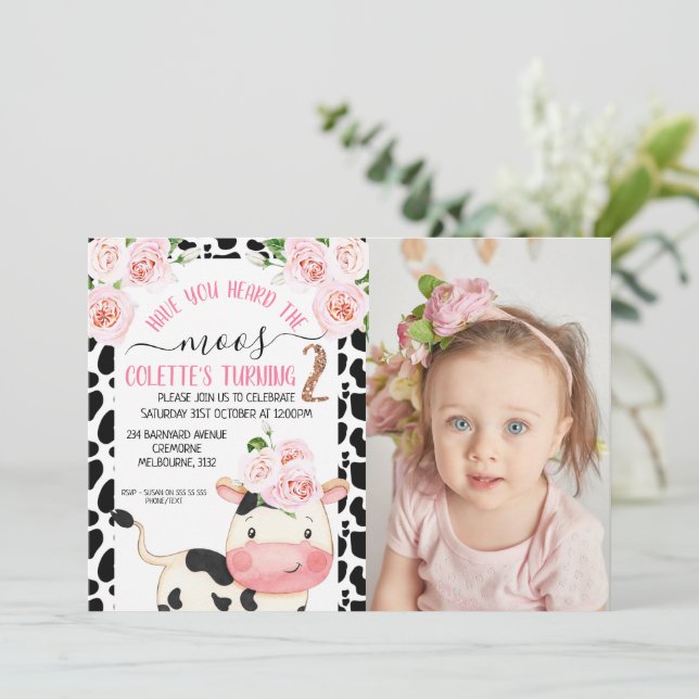 Invitación Vaca Ha Oído La Foto De Moos Segundo Cumpleaños (Anverso de pie)