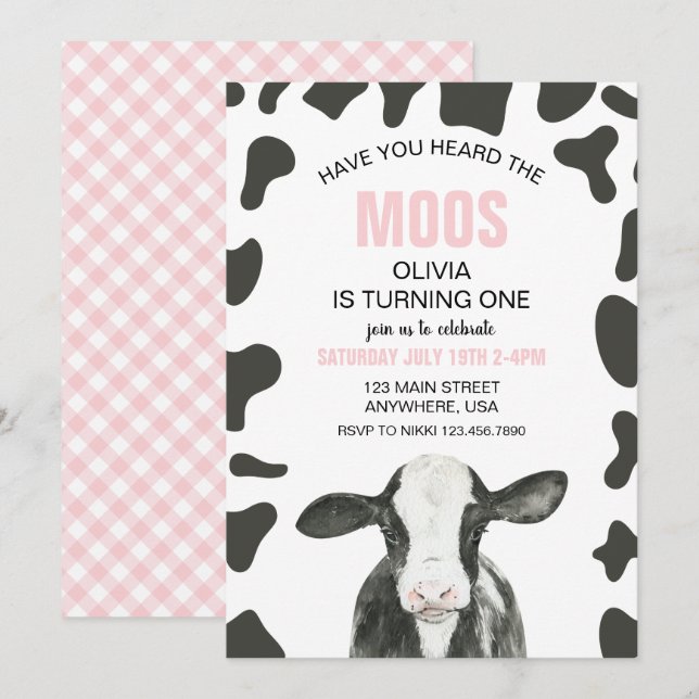 Invitación Vaca ¿Has oído muus rosa Cuadro de cumpleaños (Anverso / Reverso)