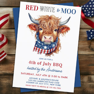 Invitación Vaca Highland 4 De Julio Patriótico Rojo Azul Blan