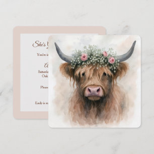Invitación Vaca Highland Boho con tocado nupcial en acuarela