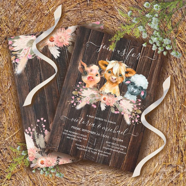 Invitación Vaca Highland, Cerdo, Flor silvestre de Baby Showe (Subido por el creador)
