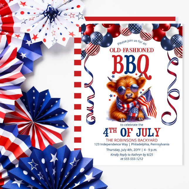 Invitación Vaca Highland | Gafas de sol 4 de julio Fiesta de  (Balloon Arch and Cute Cool Highland Cow Calf Sporting Sunglasses 4th of July BBQ Invitation)