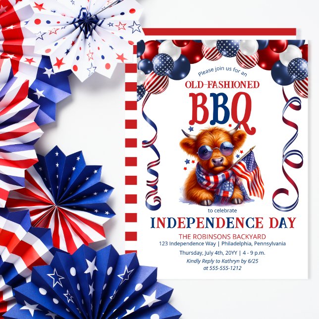 Invitación Vaca Highland | Gafas de sol 4 de julio Fiesta de  (Balloon Arch Cute Cool Highland Cow Calf Sporting Sunglasses Independence Day BBQ July 4 Invitation)